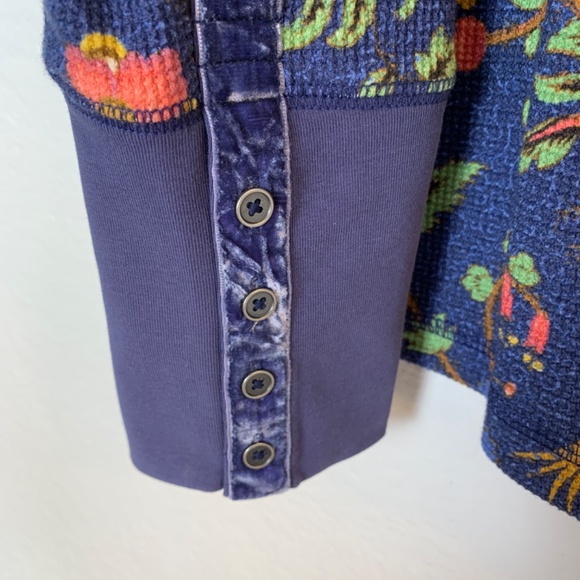 Sundance Blue Thermal Long Sleeve Top Women PETITE Large Floral Bird Print Boho - Picture 9 of 14